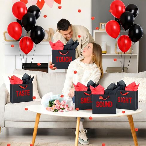 5 Senses Gift Bags for Him, Five Senses Black Red Gift Bags with Rose Petals Balloon, Gifts Decoration Bag for Birthday Wedding Anniversary Christmas Valentine's Day (Red,12.6 x 8.7 x 4 Inch) in Saudi Arabia