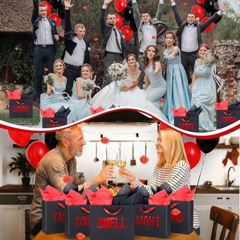 5 Senses Gift Bags for Him, Five Senses Black Red Gift Bags with Rose Petals Balloon, Gifts Decoration Bag for Birthday Wedding Anniversary Christmas Valentine's Day (Red,12.6 x 8.7 x 4 Inch) in Saudi Arabia