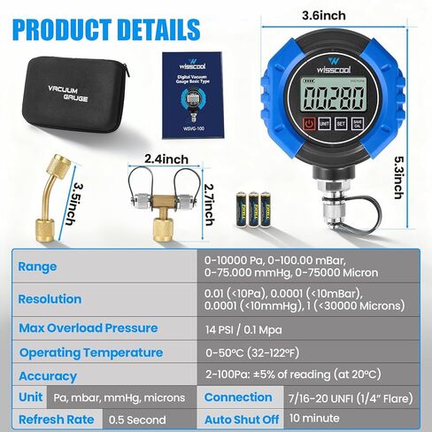 Digital Vacuum Gauge, HVAC Micron Vacuum Gauge Tester, 1/4" Flare, 0-30000 Microns Range, 2% Accuracy, 7/16-20UNF Interface, 4 Units Switch in Kuwait