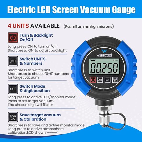 Digital Vacuum Gauge, HVAC Micron Vacuum Gauge Tester, 1/4" Flare, 0-30000 Microns Range, 2% Accuracy, 7/16-20UNF Interface, 4 Units Switch in Kuwait