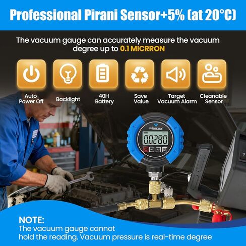 Digital Vacuum Gauge, HVAC Micron Vacuum Gauge Tester, 1/4" Flare, 0-30000 Microns Range, 2% Accuracy, 7/16-20UNF Interface, 4 Units Switch in Kuwait