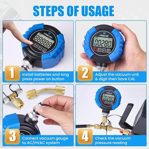 Digital Vacuum Gauge, HVAC Micron Vacuum Gauge Tester, 1/4" Flare, 0-30000 Microns Range, 2% Accuracy, 7/16-20UNF Interface, 4 Units Switch in Kuwait