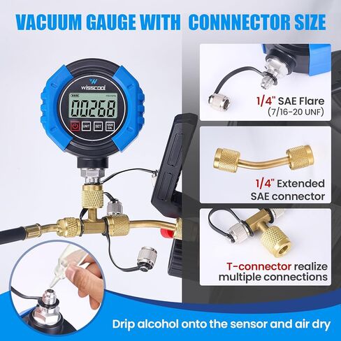 Digital Vacuum Gauge, HVAC Micron Vacuum Gauge Tester, 1/4" Flare, 0-30000 Microns Range, 2% Accuracy, 7/16-20UNF Interface, 4 Units Switch in Kuwait