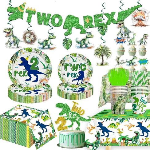 اثنين من زينة عيد ميلاد ريكس للصبي، لوازم حفلات عيد الميلاد الثاني للديناصور للأطباق والمناديل والأكواب واللافتة ومفارش المائدة وغطاء الكعكة للأولاد دينو اثنين من زخارف حفلات ريكس، تخدم 30 in Saudi Arabia
