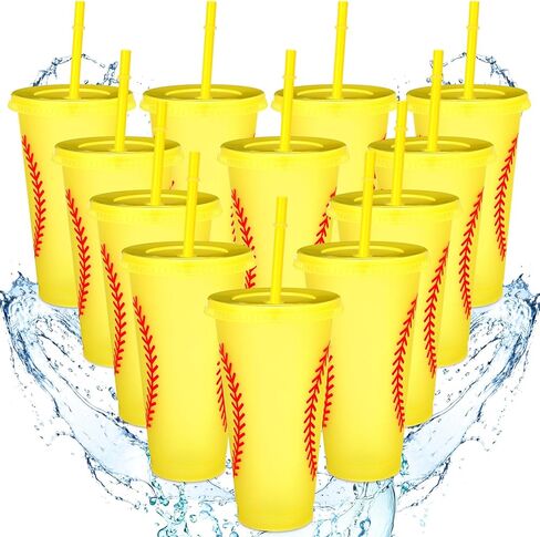 Domensi 12 Pcs Yellow Softball Sport Ball Plastic Tumbler with Lid and Straw 24oz Reusable Plastic Cups Gifts for Fan Friend Birthday Sport Party Gifts Supplies in Saudi Arabia