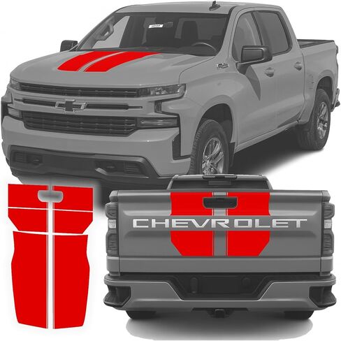 رسومات خطوط سباق رالي الباب الخلفي لغطاء محرك السيارة - تناسب 2019-2025 Chevy Silverado 1500 - مجموعة ملصقات من الفينيل (أسود لامع) in Saudi Arabia