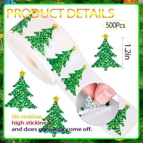 500Pcs Christmas Stickers for Kids Laser Xmas Tree Sticker Roll 1.2in Holographic Xmas Winter Holiday Adhesive Label Stickers Decal for Christmas Envelopes Invitations Cards Gifts Decorations in Saudi Arabia