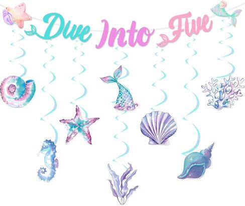 Mermaid 5th Birthday Party Decoration Girl, Dive into Five Banner Mermaid Theme Hanging Swirl Ceiling Streamer for Under The Sea Beach Ocean 5 Year Old Girl Birthday Decoration in Saudi Arabia