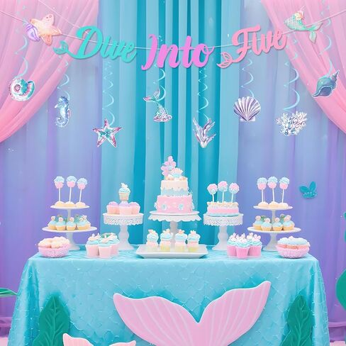 Mermaid 5th Birthday Party Decoration Girl, Dive into Five Banner Mermaid Theme Hanging Swirl Ceiling Streamer for Under The Sea Beach Ocean 5 Year Old Girl Birthday Decoration in Saudi Arabia