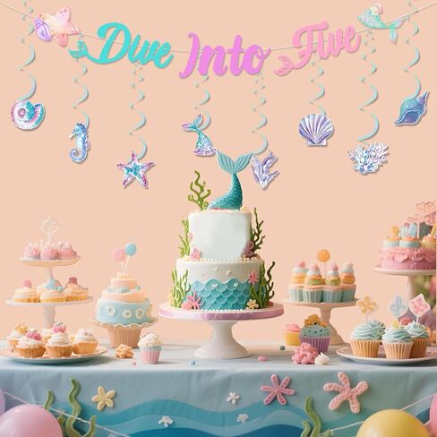 Mermaid 5th Birthday Party Decoration Girl, Dive into Five Banner Mermaid Theme Hanging Swirl Ceiling Streamer for Under The Sea Beach Ocean 5 Year Old Girl Birthday Decoration in Saudi Arabia