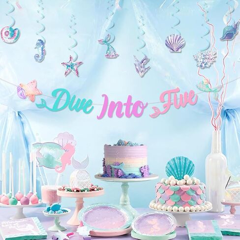 Mermaid 5th Birthday Party Decoration Girl, Dive into Five Banner Mermaid Theme Hanging Swirl Ceiling Streamer for Under The Sea Beach Ocean 5 Year Old Girl Birthday Decoration in Saudi Arabia