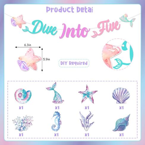 Mermaid 5th Birthday Party Decoration Girl, Dive into Five Banner Mermaid Theme Hanging Swirl Ceiling Streamer for Under The Sea Beach Ocean 5 Year Old Girl Birthday Decoration in Saudi Arabia
