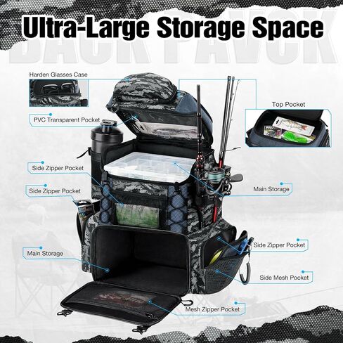 Piscifun Fishing Tackle Backpack with Rod Holders & 4 Tackle Boxes, Waterproof Rain Cover, Bottle Holder, Large Water-resistant Fishing Bag Store Fishing Gear & Equipment for Fishing, Camping, Hiking in Kuwait