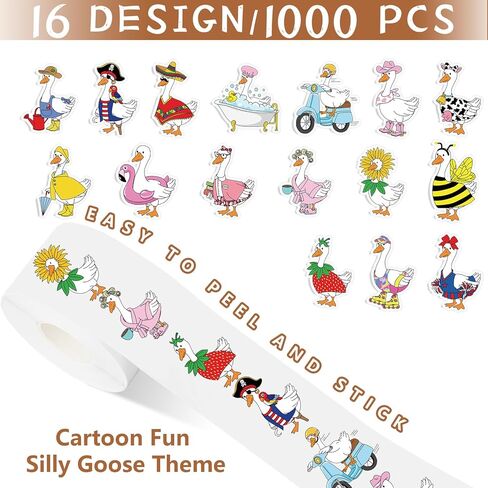 Whaline 1000 Pcs Silly Goose Stickers Roll Funny Goose Self Adhesive Decals for Birthday Baby Shower Party DIY Craft Scrapbook Decor, 2 Rolls, 16 Designs in Saudi Arabia