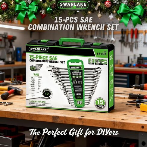SWANLAKE GARDEN TOOLS 15-Piece SAE Wrench Set, V Notch Premium Combination Wrenchs Set, SAE 1/4" to 1", Max Torque, 12-Point, Chrome Vanadium Steel, with Storage Rack in Kuwait