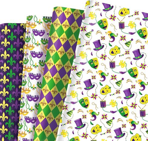 12 Sheets Mardi Gras Masquerade Wrapping Paper - 6 Carnival Theme Designs, 20x27'' Gift Wrap Paper with Mask, Jester Hat & Bead Pattern For Mardi Gras Party Decorations, DIY Crafts, Holiday Gift in Saudi Arabia
