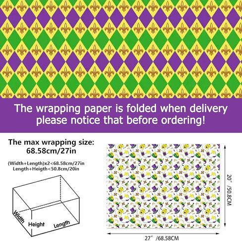 12 Sheets Mardi Gras Masquerade Wrapping Paper - 6 Carnival Theme Designs, 20x27'' Gift Wrap Paper with Mask, Jester Hat & Bead Pattern For Mardi Gras Party Decorations, DIY Crafts, Holiday Gift in Saudi Arabia