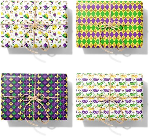 12 Sheets Mardi Gras Masquerade Wrapping Paper - 6 Carnival Theme Designs, 20x27'' Gift Wrap Paper with Mask, Jester Hat & Bead Pattern For Mardi Gras Party Decorations, DIY Crafts, Holiday Gift in Saudi Arabia
