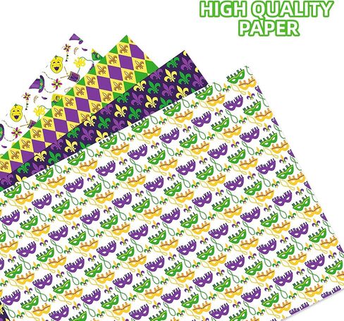 12 Sheets Mardi Gras Masquerade Wrapping Paper - 6 Carnival Theme Designs, 20x27'' Gift Wrap Paper with Mask, Jester Hat & Bead Pattern For Mardi Gras Party Decorations, DIY Crafts, Holiday Gift in Saudi Arabia