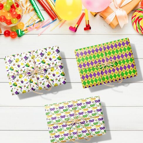 12 Sheets Mardi Gras Masquerade Wrapping Paper - 6 Carnival Theme Designs, 20x27'' Gift Wrap Paper with Mask, Jester Hat & Bead Pattern For Mardi Gras Party Decorations, DIY Crafts, Holiday Gift in Saudi Arabia