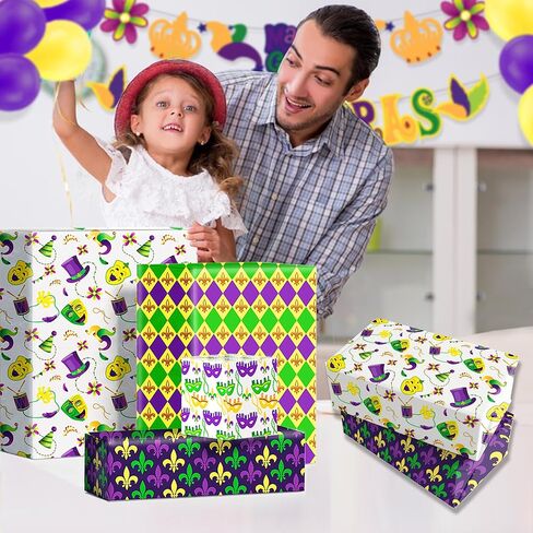12 Sheets Mardi Gras Masquerade Wrapping Paper - 6 Carnival Theme Designs, 20x27'' Gift Wrap Paper with Mask, Jester Hat & Bead Pattern For Mardi Gras Party Decorations, DIY Crafts, Holiday Gift in Saudi Arabia
