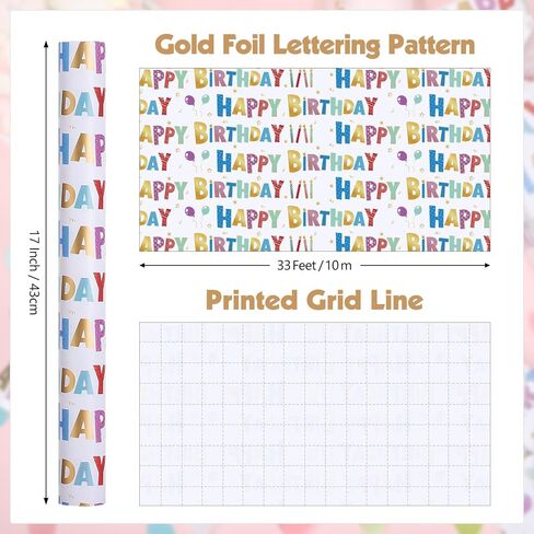 woric Birthday Wrapping Paper Roll 17 Inch x 33 Feet Colorful Foil Happy Birthday Lettering Candles Gift Wrapping Paper for Baby Shower Holiday Party in Saudi Arabia