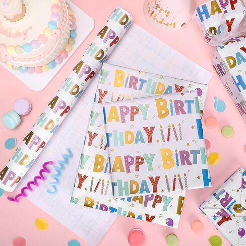 woric Birthday Wrapping Paper Roll 17 Inch x 33 Feet Colorful Foil Happy Birthday Lettering Candles Gift Wrapping Paper for Baby Shower Holiday Party in Saudi Arabia