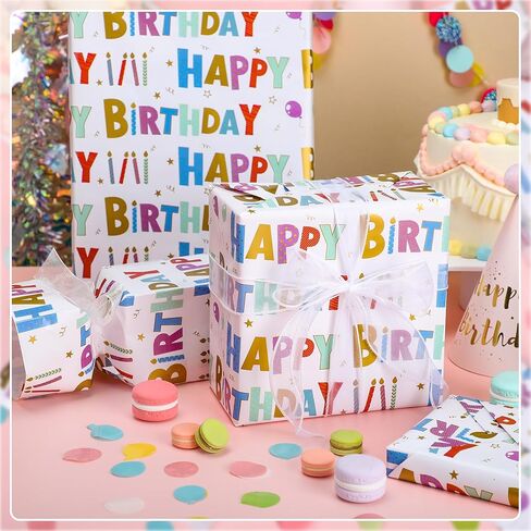 woric Birthday Wrapping Paper Roll 17 Inch x 33 Feet Colorful Foil Happy Birthday Lettering Candles Gift Wrapping Paper for Baby Shower Holiday Party in Saudi Arabia