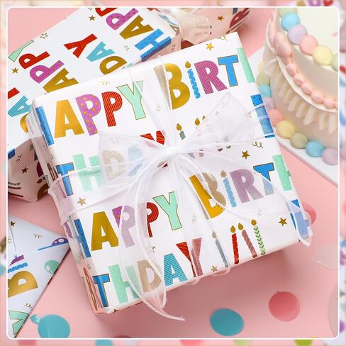 woric Birthday Wrapping Paper Roll 17 Inch x 33 Feet Colorful Foil Happy Birthday Lettering Candles Gift Wrapping Paper for Baby Shower Holiday Party in Saudi Arabia