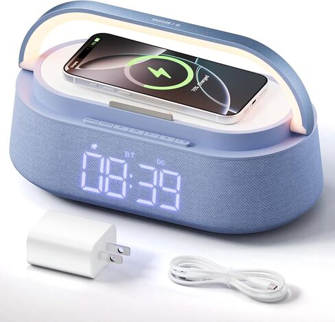 ساعة منبه بسماعات بلوتوث مع شاحن لاسلكي سريع 15 وات، راديو FM، ضوء ليلي LED، ساعات شحن لاسلكية لغرف النوم والمكتب والمنزل، هدايا in Kuwait