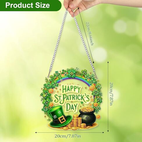 CEOVR St. Patrick's Day Hanging Diamond Art for Adults, Luck Shamrock Diamond Painting Pendant DIY Gem Art Wall Hanging Ornament, Acrylic Home Garden Decor with Chain, Box Kit 7.87 * 7.87inch in Saudi Arabia