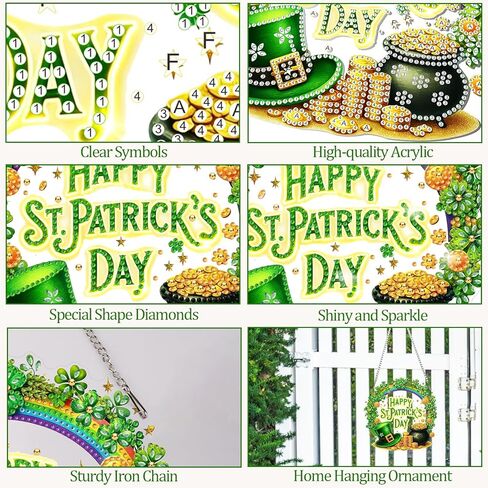 CEOVR St. Patrick's Day Hanging Diamond Art for Adults, Luck Shamrock Diamond Painting Pendant DIY Gem Art Wall Hanging Ornament, Acrylic Home Garden Decor with Chain, Box Kit 7.87 * 7.87inch in Saudi Arabia