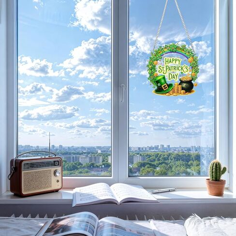 CEOVR St. Patrick's Day Hanging Diamond Art for Adults, Luck Shamrock Diamond Painting Pendant DIY Gem Art Wall Hanging Ornament, Acrylic Home Garden Decor with Chain, Box Kit 7.87 * 7.87inch in Saudi Arabia