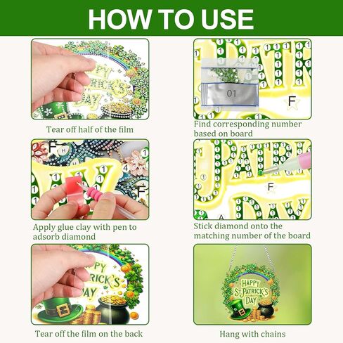CEOVR St. Patrick's Day Hanging Diamond Art for Adults, Luck Shamrock Diamond Painting Pendant DIY Gem Art Wall Hanging Ornament, Acrylic Home Garden Decor with Chain, Box Kit 7.87 * 7.87inch in Saudi Arabia