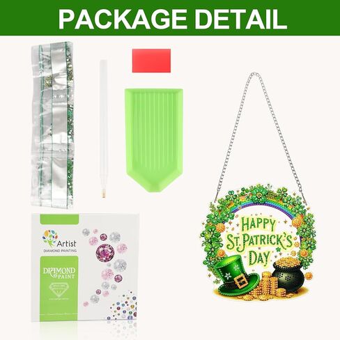 CEOVR St. Patrick's Day Hanging Diamond Art for Adults, Luck Shamrock Diamond Painting Pendant DIY Gem Art Wall Hanging Ornament, Acrylic Home Garden Decor with Chain, Box Kit 7.87 * 7.87inch in Saudi Arabia