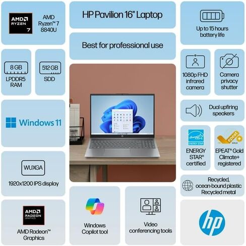HP Pavilion 16 inch Laptop, WUXGA Touchscreen, AMD Ryzen 5 8540U, 8 GB RAM, 512 GB SSD, AMD Radeon Graphics, Windows 11 Home, Copilot Key, 16-ag0010nr (2024) in Saudi Arabia