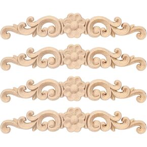 4 Pcs Decorative Wood Long Flower Carved Appliques Onlays, 6.3 Inch Unpainted Solid Wood Appliques, Hand-Carved Furniture Carving Decal for Cabinet, Bed, Wardrobe, Closet DIY Home Decor（1.2×6.3inch） in Saudi Arabia