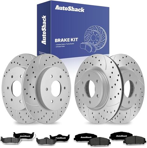 دوارات الفرامل الأمامية والخلفية المحفورة والمشقوقة من AutoShack لاستبدال وسادات الفرامل السيراميكية الممتازة لـ 2011-2015 Nissan TITAN 2012-2015 Armada 4WD RWD فضي غير لامع 12 قطعة طقم فرامل TurboGuard in Saudi Arabia