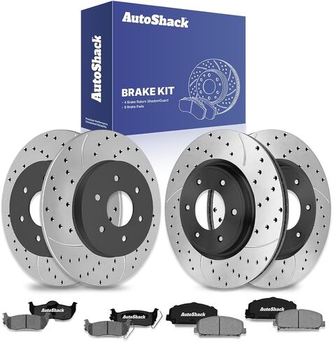 دوارات الفرامل الأمامية والخلفية المحفورة والمشقوقة من AutoShack لاستبدال وسادات الفرامل السيراميكية الممتازة لـ 2011-2015 Nissan TITAN 2012-2015 Armada 4WD RWD فضي غير لامع 12 قطعة طقم فرامل TurboGuard in Saudi Arabia