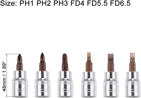 مجموعة مقابس uxcell 3/8 بوصة Drive Phillips مشقوقة، لقم فولاذية S2، مقابس CR-V 6 قطع (PH1-PH3، FD4-FD6.5) in Saudi Arabia