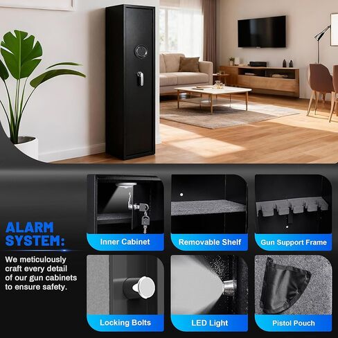 SHICHI 8-10 مسدس بصمات الأصابع آمن للبنادق والمسدسات، خزائن بندقية للبندقية مع قفل كلمة المرور، لا يلزم تجميع خزانة الأسلحة، خزائن بندقية الوصول السريع للمنزل مع إنذار مزدوج ورف قابل للتعديل in Kuwait