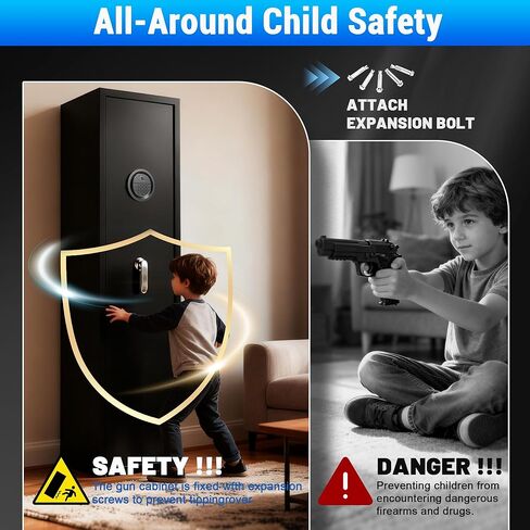 SHICHI 8-10 مسدس بصمات الأصابع آمن للبنادق والمسدسات، خزائن بندقية للبندقية مع قفل كلمة المرور، لا يلزم تجميع خزانة الأسلحة، خزائن بندقية الوصول السريع للمنزل مع إنذار مزدوج ورف قابل للتعديل in Kuwait