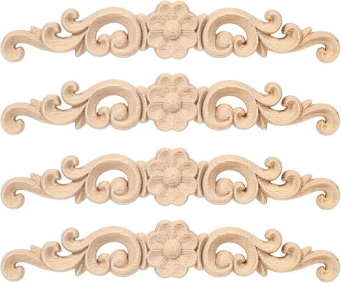 4 Pcs Decorative Wood Long Flower Carved Appliques Onlays, 6.3 Inch Unpainted Solid Wood Appliques, Hand-Carved Furniture Carving Decal for Cabinet, Bed, Wardrobe, Closet DIY Home Decor（1.2×6.3inch） in Saudi Arabia