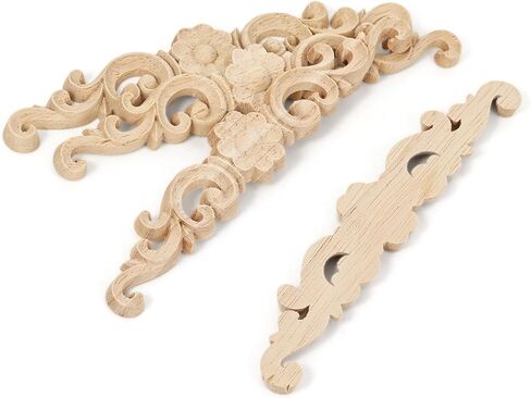 4 Pcs Decorative Wood Long Flower Carved Appliques Onlays, 6.3 Inch Unpainted Solid Wood Appliques, Hand-Carved Furniture Carving Decal for Cabinet, Bed, Wardrobe, Closet DIY Home Decor（1.2×6.3inch） in Saudi Arabia