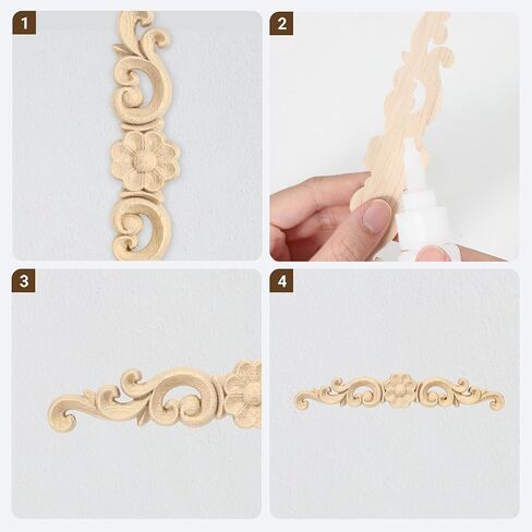 4 Pcs Decorative Wood Long Flower Carved Appliques Onlays, 6.3 Inch Unpainted Solid Wood Appliques, Hand-Carved Furniture Carving Decal for Cabinet, Bed, Wardrobe, Closet DIY Home Decor（1.2×6.3inch） in Saudi Arabia