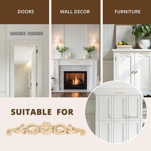 4 Pcs Decorative Wood Long Flower Carved Appliques Onlays, 6.3 Inch Unpainted Solid Wood Appliques, Hand-Carved Furniture Carving Decal for Cabinet, Bed, Wardrobe, Closet DIY Home Decor（1.2×6.3inch） in Saudi Arabia