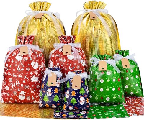 Asoulin Christmas Drawstring Gift Bags with Tags - 40 Pcs Christmas Gift Bag Assorted Size Large Medium Small Foil Gift Wrapping Bag for Birthday, Goodies, Xmas Holiday Party Favor Decoration Supplies in Saudi Arabia
