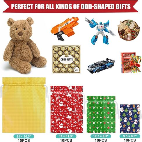 Asoulin Christmas Drawstring Gift Bags with Tags - 40 Pcs Christmas Gift Bag Assorted Size Large Medium Small Foil Gift Wrapping Bag for Birthday, Goodies, Xmas Holiday Party Favor Decoration Supplies in Saudi Arabia