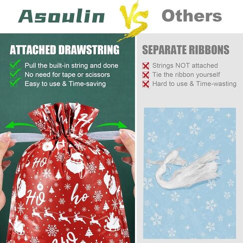 Asoulin Christmas Drawstring Gift Bags with Tags - 40 Pcs Christmas Gift Bag Assorted Size Large Medium Small Foil Gift Wrapping Bag for Birthday, Goodies, Xmas Holiday Party Favor Decoration Supplies in Saudi Arabia
