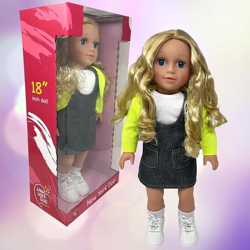 دمى مقاس 18 بوصة ذات شعر ناعم وإكسسوارات - دمية ناعمة الجسم مقاس 18 بوصة بأذرع وأرجل من الفينيل قابلة لاتخاذ الوضعيات، زي فستان - مجموعة دمى لطيفة مقاس 18 بوصة للفتيات in Kuwait